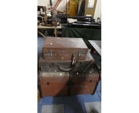 A Vintage Travelling Trunk and Two Leather Suitcases 