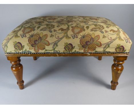 A Rectangular Upholstered Stool on Turned Supports with Tapestry Print Cover, 66cm Long 