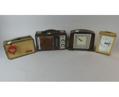 An Art Deco Mantle Clock, Brass Carriage Clock and Two Vintage Radios