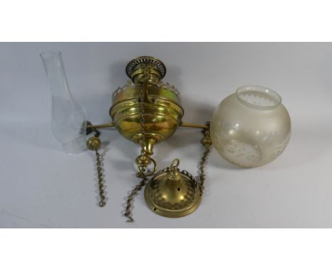 A Late Victorian Brass Hanging Oil Lamp with Etched Shade and Chimney 