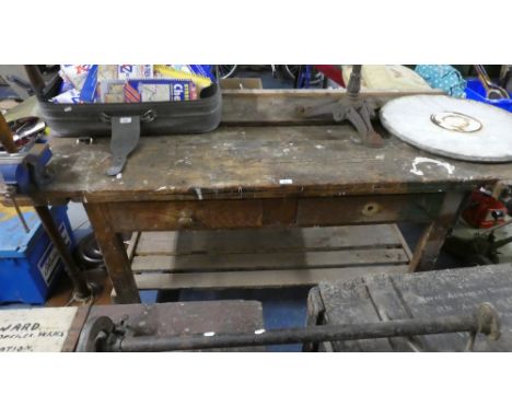 A Wooden Work Bench with Two Vice, One 77cm Long 