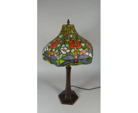 A Reproduction Tiffany Style Table Lamp With Coloured Dragonfly Pattern Shade, 63cm High 