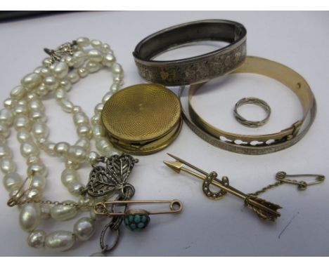Two Victorian bar brooches, three various bangles, simulated pearl bracelet, silver ring and a pill box