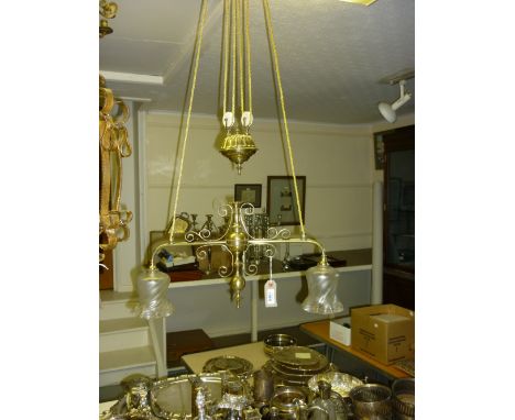 Edwardian brass rise and fall light fitting with frosted wrythen glass shades
