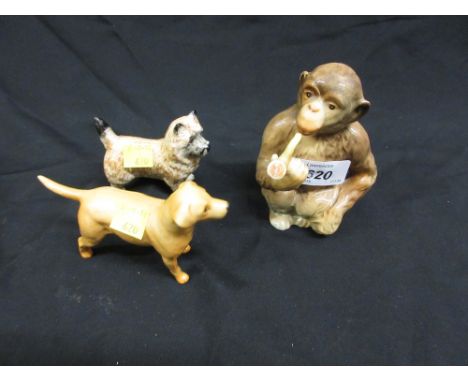 Beswick figure of a monkey smoking a pipe, together with two Beswick figures of dogs