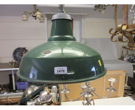 Industrial green and white enamel pendant light with chain, 16ins diameter