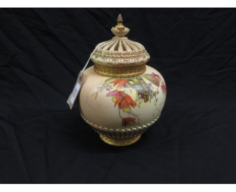 Large Royal Worcester blush ivory pot pourri vase and cover decorated with flowers (restoration to finial)