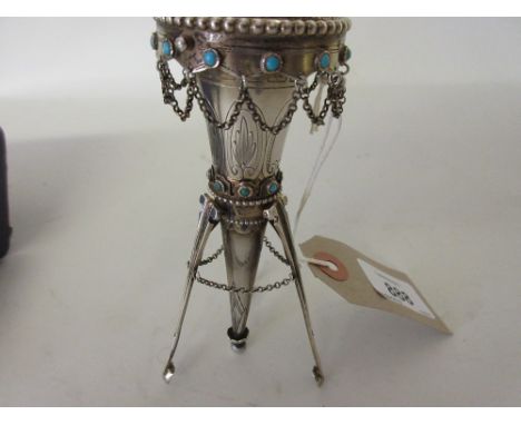 Unusual Victorian silver turquoise inset posy holder with integral fold-out tripod stand