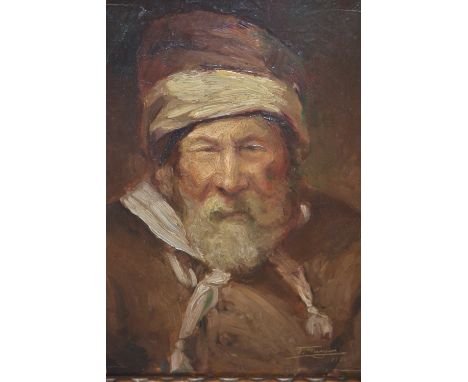 Oil on panel, portrait of a French peasant, indistinctly signed and dated 1920, 12.5ins x 9.5ins