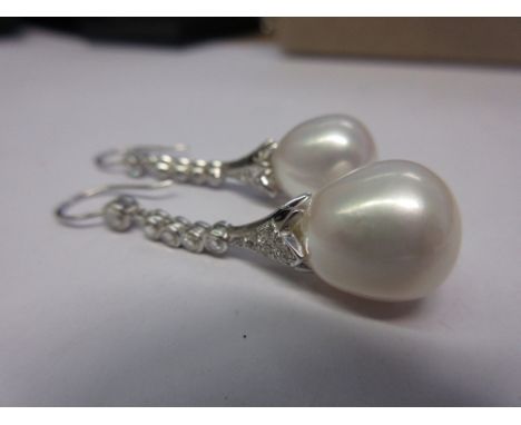 Pair of 18ct white gold cultured pearl and diamond drop earrings