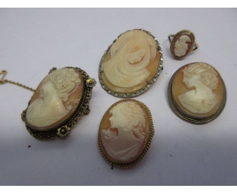 Four various shell carved cameo portrait brooches together with a 9ct gold ring set with a cameo portrait