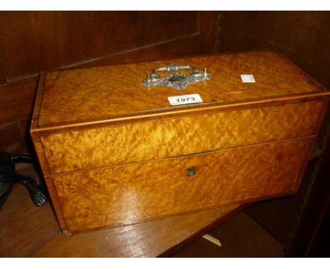 19th Century birds eye maple crossbanded three section tea caddy with silver handle and hinges, marked I.W. and with a later 