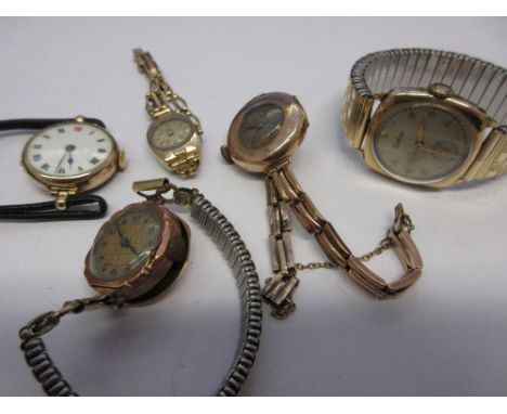 Gentleman's Zodiac cushion cased wristwatch with a 9ct Dennison case together with four ladies gold cased wristwatches, two w