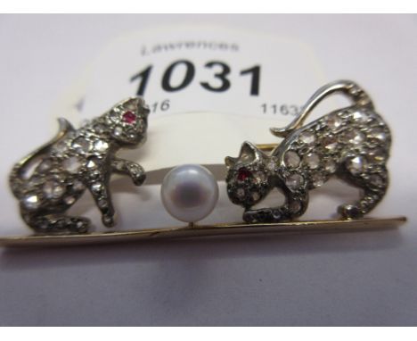 Diamond cultured pearl and ruby set bar brooch in the form of two cats