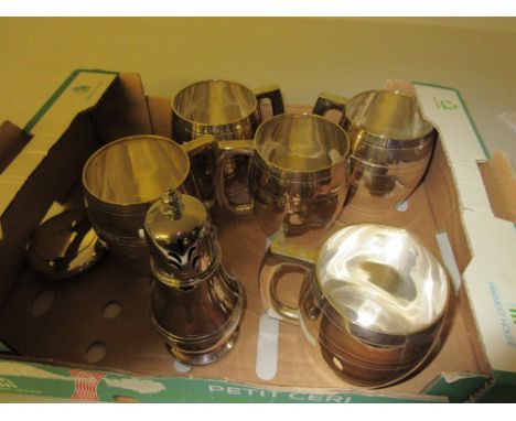 Five silver plated mugs, plated snuff box and a sugar caster