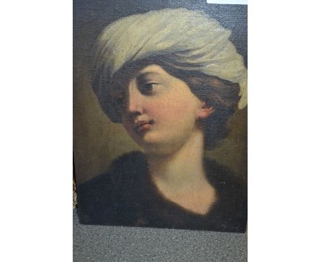 18th Century oil on canvas laid onto panel, portrait of a young lady wearing a turban, unframed, 17ins x 12.5ins