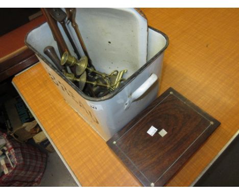 Pair of brass candlesticks, an enamel bread bin, 19th Century rosewood work box and a quantity of fireside tools