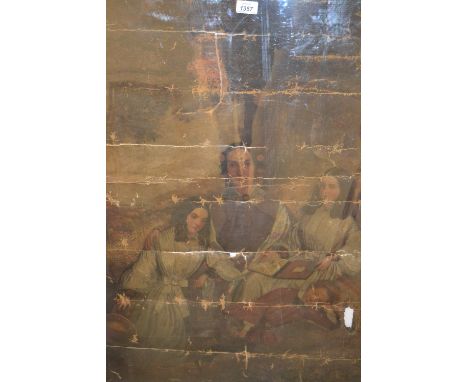 19th Century oil on canvas, portrait of a family group, unframed and unstretched, for restoration, 35ins x 27ins