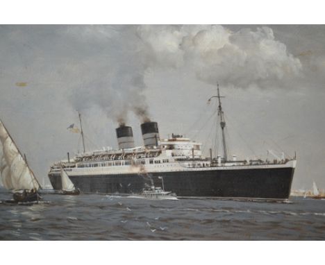 Oil on board, portrait of an ocean liner entering a North African port, unsigned together with an oil on board, landscape wit