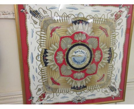 Hermes, Paris, framed multi coloured silk scarf, entitled ' Railing ', of nautical theme, 33ins x 33ins