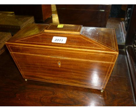 George III mahogany boxwood line inlaid sarcophagus shaped tea caddy