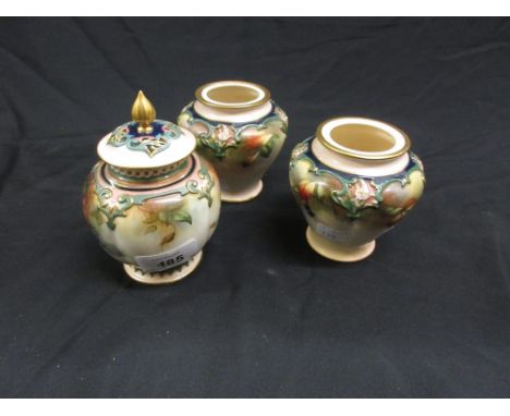 Hadley Worcester pot pourri vase and cover painted with flowers together with a similar pair of vases (covers lacking)