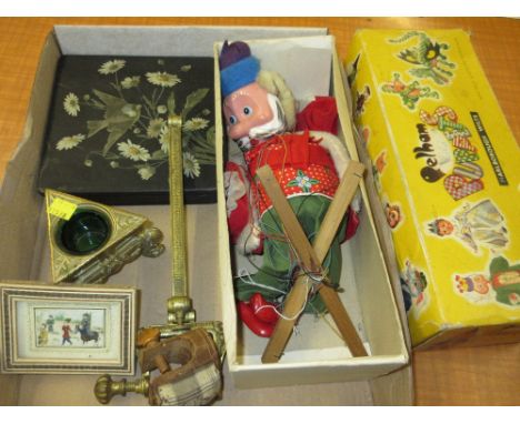 Boxed Pelham puppet, gilt metal table clamp, sewing clamp pin cushion, square lacquered box, small Persian picture and a gilt