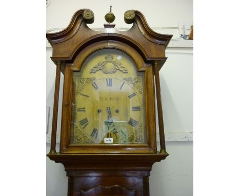 George III oak and mahogany crossbanded longcase clock, the broken arch hood with flanking pilasters above a shaped panel doo