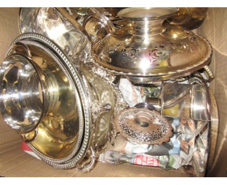 Oval plated entree dish with stand, a plated chamber candlestick, teapoy and a quantity of various other plated items
