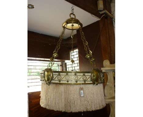 Large late 19th / early 20th Century heavy circular brass ceiling light with chains and original silk pleating, 25ins diamete