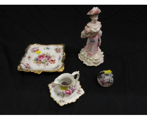 Modern Coalport figure ' Georgina ', a Hammersley floral decorated dish, Crown Derby dish and jug, a glass paperweight etc