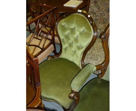 Victorian green button upholstered low seat nursing chair on cabriole front supports