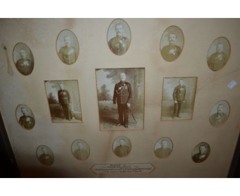 Large oak frame containing a quantity of early 20th Century military portrait photographs, large oak framed engraving, an oil