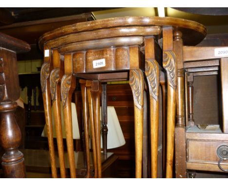 Nest of three reproduction walnut oval occasional tables, oak cased aneroid barometer thermometer and a rectangular gilt fram