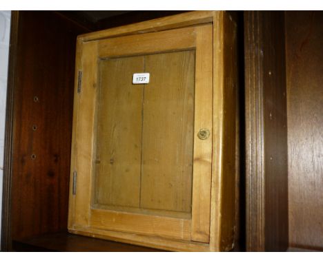 Small pine wall cabinet with glazed door, pine trunk, pine shelf bracket and a wicker work box on stand