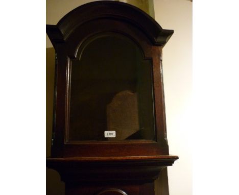 19th Century oak longcase clock case having dome top hood, flush panel door and conforming plinth base