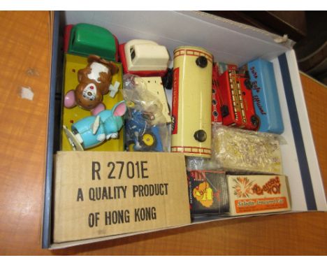 Box containing a quantity of tin plate die-cast model vehicles including Triang Minic, Crescent Military, Wells Brimtoy, Tom 