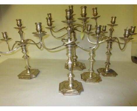 Large silver plated six light candelabra, pair of similar five light candelabra, a similar three light candelabra and a singl