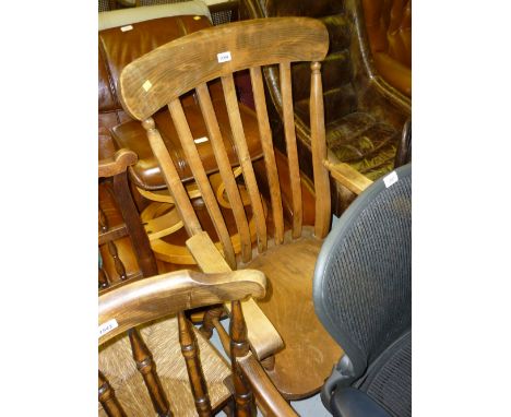 Early 20th Century stick back kitchen elbow chair on turned supports with stretchers