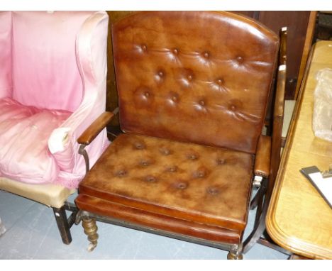 19th Century folding Campaign armchair / bed, having button leather upholstered pads on baluster brass supports with brass an
