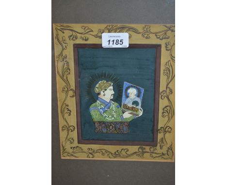 Indian school gouache painting, portrait of a nobleman adorned with pearls holding a portrait (later frame), 8.5ins x 7ins