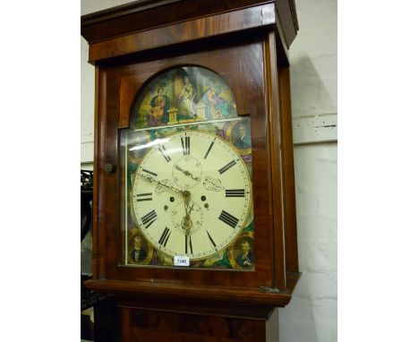 19th Century mahogany longcase clock, the broken arch hood above a rectangular panelled door and conforming plinth, the paint