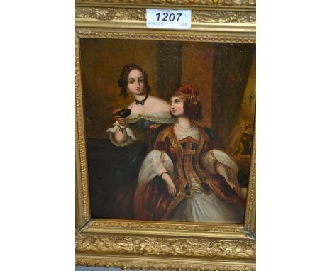 19th Century gilt framed oil, portrait of two young ladies preparing for a masked ball, 8ins x 6.5ins