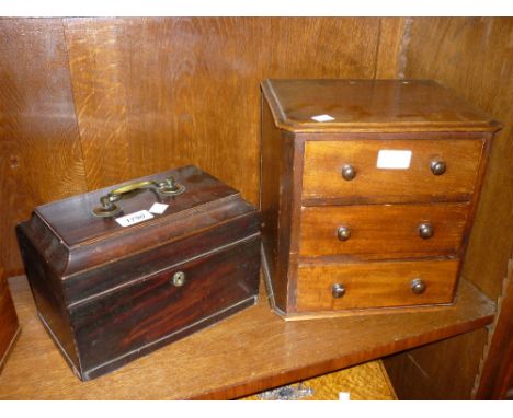 Georgian mahogany tea caddy (lacking interior) together with a mahogany three drawer table top cabinet (a/f)