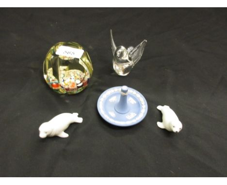 Millefiori glass paperweight, small Wedgwood blue Jasperware ring holder, a glass figure of a bird and two ceramic figures of