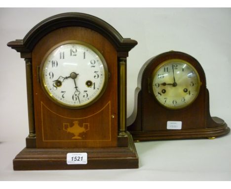 Edwardian mahogany and inlaid two train mantel clock together with a 1920's mahogany dome shaped two train mantel clock