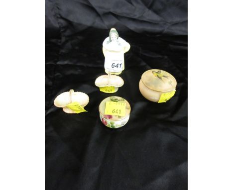 Small Royal Worcester candle snuffer,'  French Cook ', two miniature Royal Worcester baskets and two Worcester miniature boxe