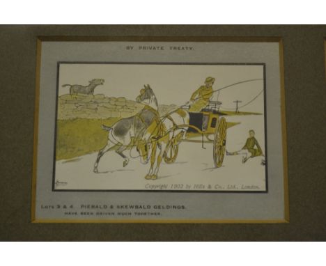 Group of four small early 20th Century sporting prints housed in a single frame together with a portrait engraving of a lady 