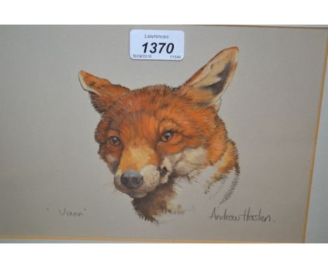 Andrew Haslen, signed oil on print base, portrait of a vixen, 7ins x 9.5ins