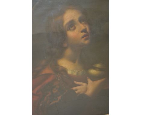 19th Century oil on canvas, head and shoulder portrait of a saint, 28ins x 21ins, gilt framed